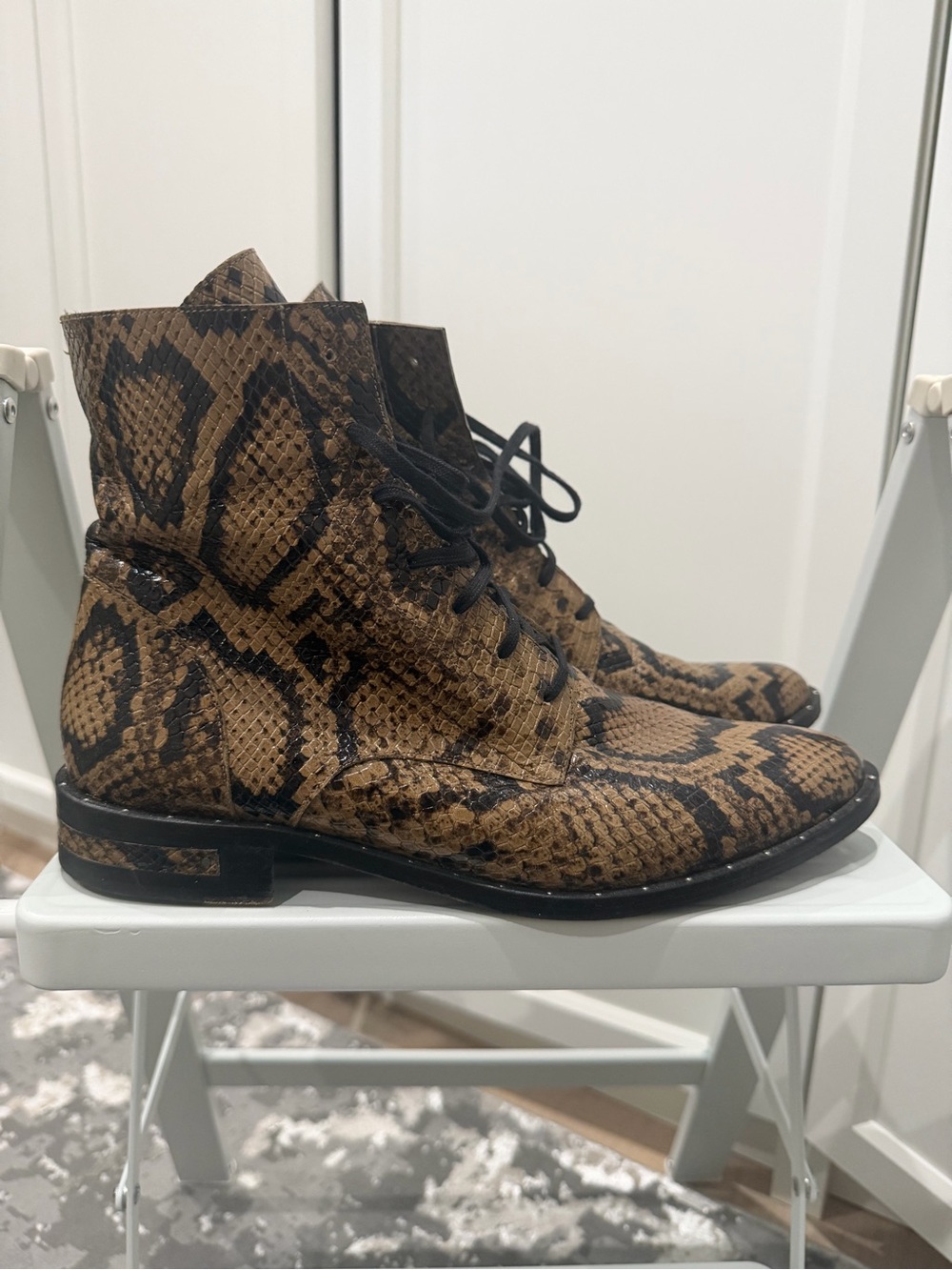 Freda Salvador Brown and Black Snake-Print Lace-Up Ankle Boots